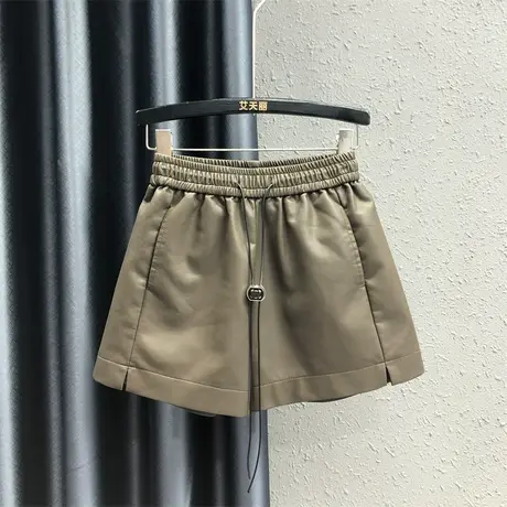 2023秋季新款咖啡色松紧腰宽松百搭a字阔腿短裤女高腰休闲皮裤潮图片