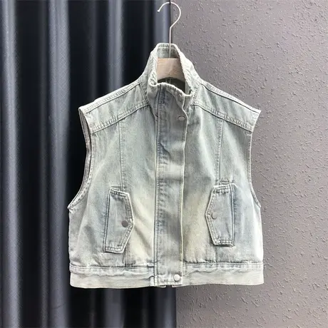 2023秋季新款浅蓝色设计感休闲百搭牛仔外套女潮个性立领无袖上衣图片