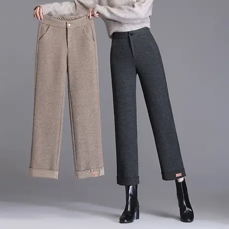 咖色毛呢直筒裤女秋冬2023年新款高腰显瘦九分休闲裤西装阔腿裤子图片