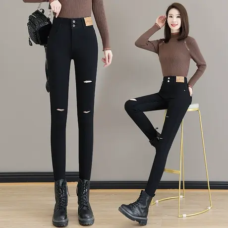 时尚破洞铅笔裤女春秋2023潮流棉弹高腰小脚裤紧身显瘦外穿魔术裤商品大图