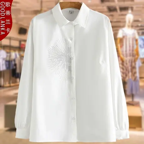 大码白衬衫刺绣妈妈秋装新款冰丝上衣加肥加大中年女士衬衣200斤商品大图