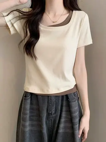 设计感方领假两件短袖t恤女夏季新款修身纯欲小众方领撞色上衣潮图片
