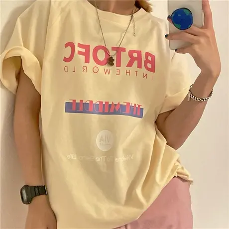 港风2023新款韩版夏装字母百搭宽松ulzzang纯棉半袖短袖T恤女ins图片