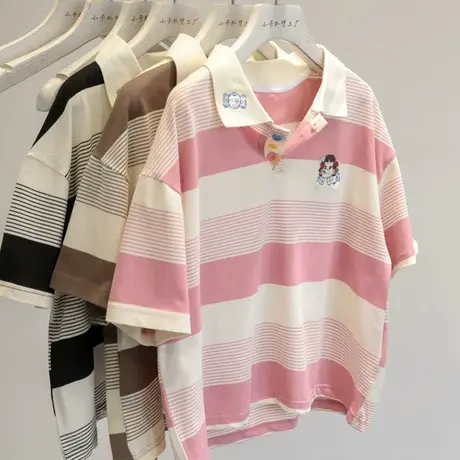 2023新款宽松休闲学院风卡通刺绣条纹Polo领短袖短款T恤女上衣潮商品大图