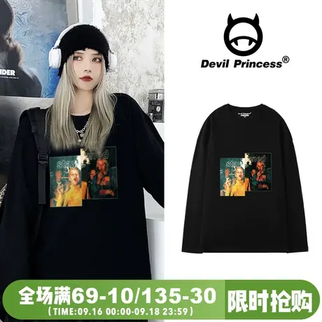 欧美街头嘻哈风长袖T恤女宽松hiphop痞帅BF风大版黑色上衣ins潮牌图片