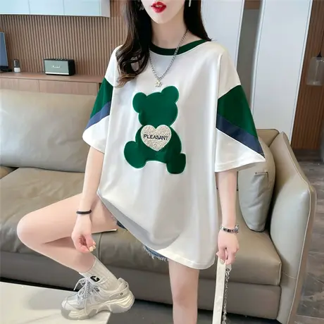 小众设计感短袖t恤女夏季韩版宽松大码女装中长款撞色小熊上衣服图片