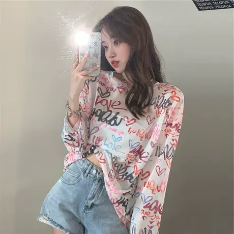 冰丝长袖t恤女夏季宽松ins潮辣妹设计感小众防晒罩衫网纱外穿上衣商品大图