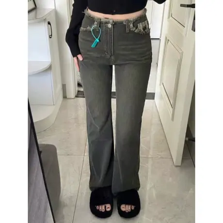 美式复古毛边设计感牛仔裤女2023春夏季高腰阔腿宽松显瘦拖地裤子图片