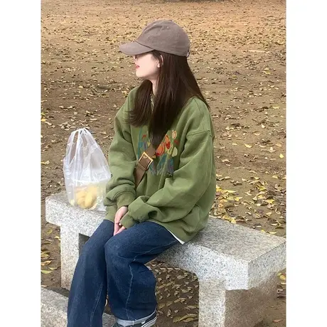 落肩卫衣女春秋季薄款复古美式oversize高街潮牌小众宽松无帽上衣图片