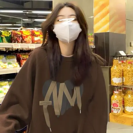 美式复古落肩卫衣女春秋季圆领宽松设计感港味chic小个子套头上衣图片