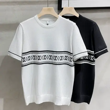 夏季日系复古潮流渐变条纹短袖T恤男修身宽松圆领打底体恤衫上衣商品大图