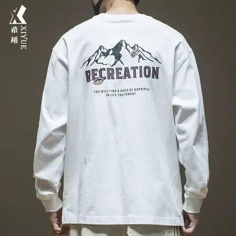 希越秋季260g重磅精梳棉T恤男款后背山系印花宽松大码胖子打底衫商品大图