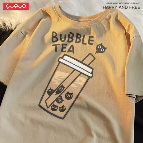 悦游 猫珍珠奶茶 原创潮牌纯棉趣味中性风猫咪印花夏短袖T恤男商品大图