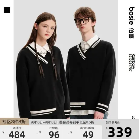 bosie2022年冬季新款套头毛衣情侣男简约文艺学院风V领套头毛衣商品大图
