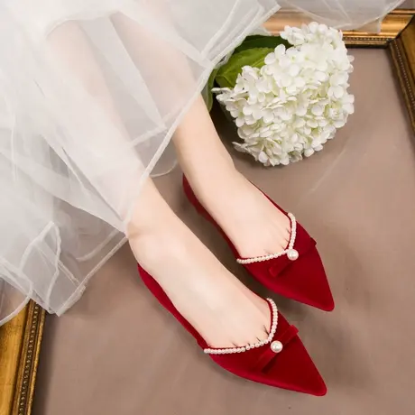 红色婚鞋平底2023年新款新娘鞋结婚中式秀禾鞋孕妇可穿珍珠单鞋女商品大图