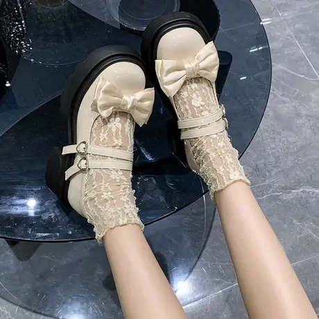 软妹风复古圆头浅口粗跟小皮鞋女秋季新款2023蝴蝶结萝莉JK制服鞋图片