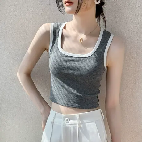 方领宽边吊带背心女2023夏季露锁骨性感露脐衬衫内搭紧身上衣短款商品大图