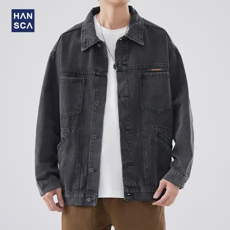 hansca黑色牛仔外套男2023新款夹克宽松日系水洗耐磨工装上衣潮牌图片