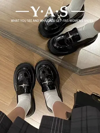 黑色英伦风复古星星乐福鞋女2024秋季新款大头百搭增高厚底小皮鞋商品大图