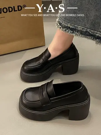 黑色粗高跟英伦风小皮鞋女2024新款春秋复古一脚蹬法式玛丽珍鞋商品大图