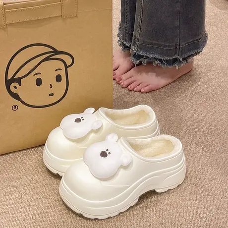 厚底增高棉拖鞋女冬季卡通可爱小熊防水防滑加绒保暖包跟外穿棉鞋商品大图