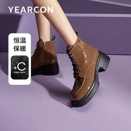 意尔康真皮马丁靴女2023冬季新款圆头时尚系带英伦风厚底加绒短靴图片