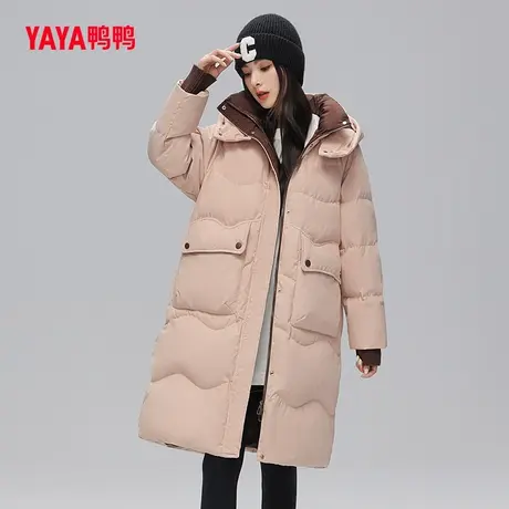 鸭鸭羽绒服女2023年秋季新品中长款连帽纯色韩版休闲加厚外套C图片