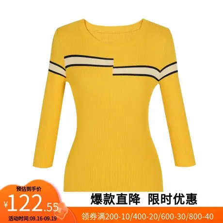 【艾格】2023春季新款女装圆领简约撞色甜美可爱风修身针织衫商品大图