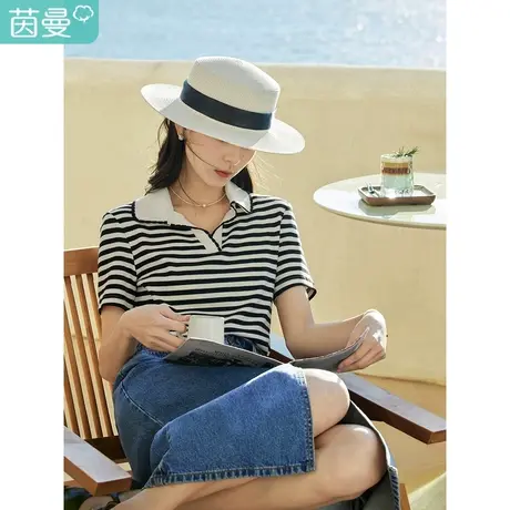茵曼2023夏季女装新款复古时尚V字开襟polo领撞色条纹显瘦短袖T恤图片
