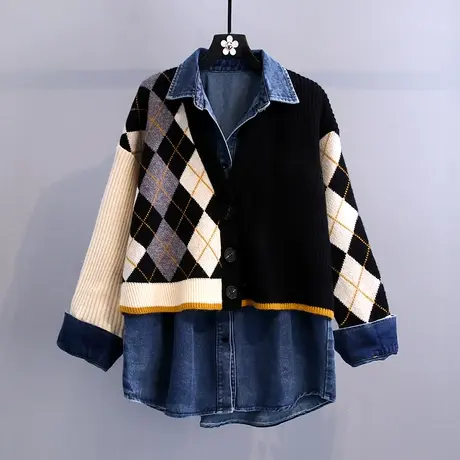 针织拼接假两件牛仔外套女炸街港风bf风中长款2023新款春秋开衫潮图片