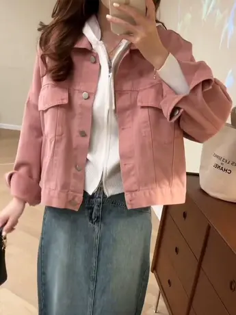 小清新工装牛仔外套女春秋2023新款港味复古学生百搭短款夹克上衣图片