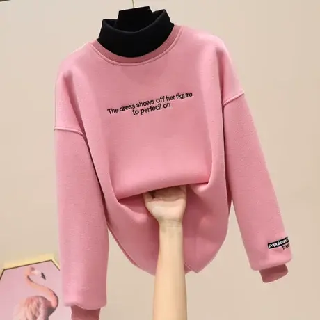 半高领假两件卫衣女2023秋冬新款宽松韩版加绒加厚可内搭百搭上衣商品大图