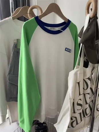 秋季新款撞色拼接插肩袖宽松休闲显瘦洋气百搭圆领T恤打底罩衫女图片