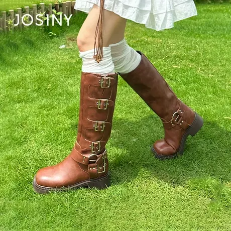 卓诗尼骑士靴高筒靴马丁靴女2025新款复古不过膝长筒靴西部牛仔靴图片