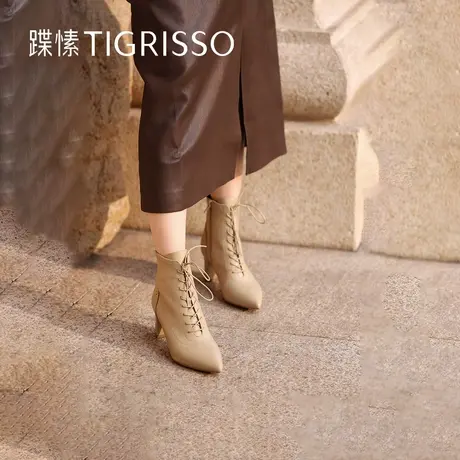 蹀愫尖头时装靴高跟细跟系带女鞋短靴TA54708-12图片