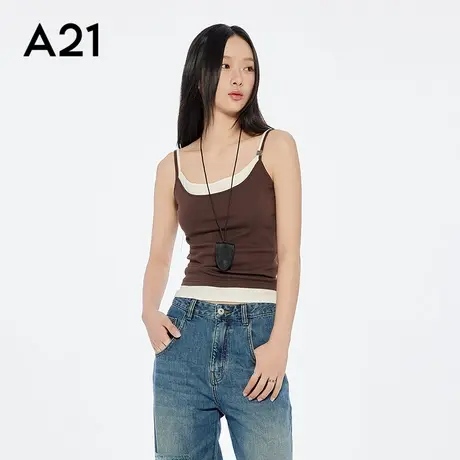A21女装拼接撞色假两件吊带设计感修身短款露背背心图片