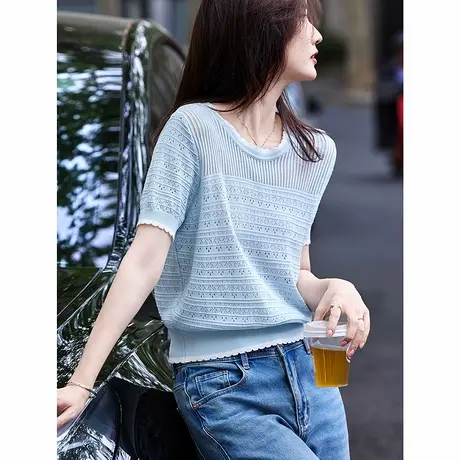 时尚气质针织衫2025年夏季新款女圆领针织百搭纯色简约休闲短袖图片
