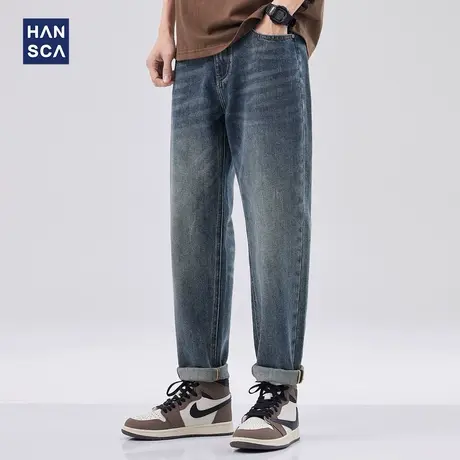 hansca浅色牛仔裤男夏季薄款潮牌简约水洗直筒宽松夏天男裤子夏款商品大图