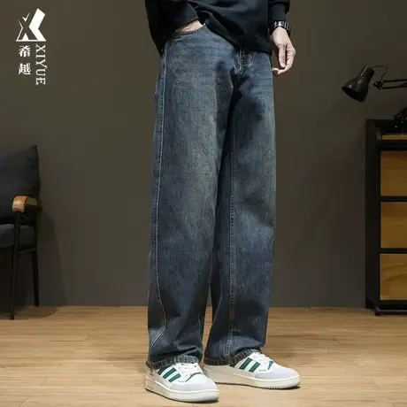 希越秋冬加绒加厚直筒牛仔裤男秋季复古宽松大码口袋蓝色休闲长裤图片
