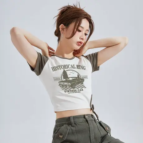 唐狮短袖T恤新款女插肩袖拼接腰部镂空绑带辣妹时尚休闲潮酷G商品大图