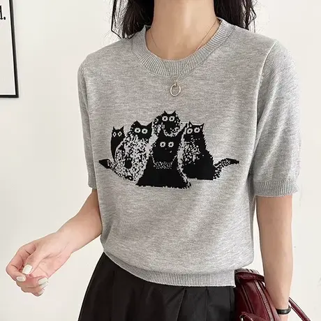 设计感卡通猫咪针织短袖t恤女2025新款春夏韩系显瘦打底上衣薄款商品大图