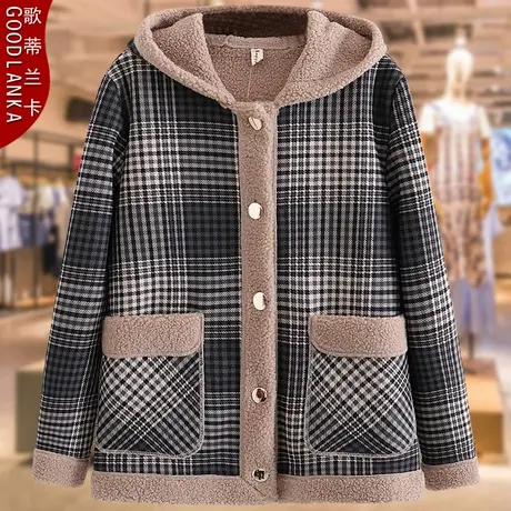 40-50岁中年胖妈妈冬装加厚棉服大码宽松洋气连帽羊羔绒棉衣外套商品大图