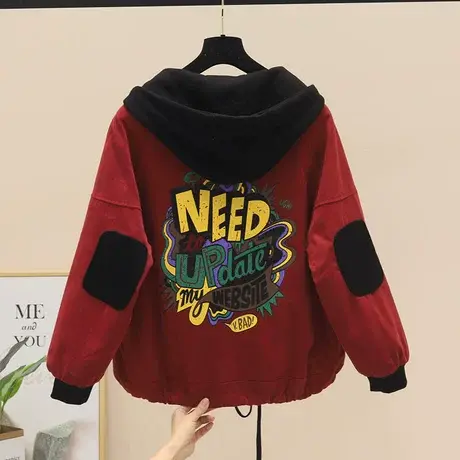 假两件加绒派克服女短款2023年秋冬新款韩版宽松连帽印花棉服外套图片