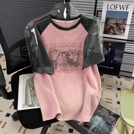 复古chic插肩设计感短袖T恤女夏新款hiphop高街大码宽松美式上衣商品大图