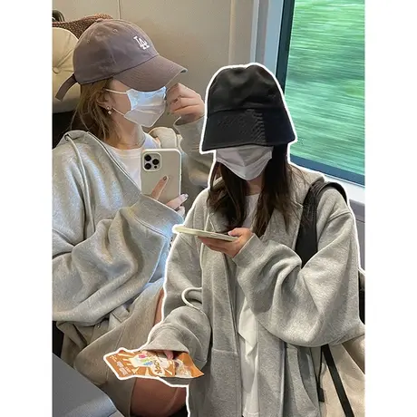 vintage美式连帽外套拉链卫衣女大码灰色开衫ins潮牌早秋复古上衣商品大图