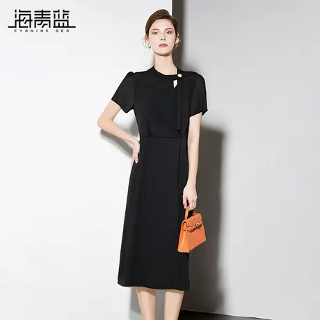 海青蓝时尚气质短袖雪纺连衣裙女2025夏季新款修身黑色通勤中长裙图片