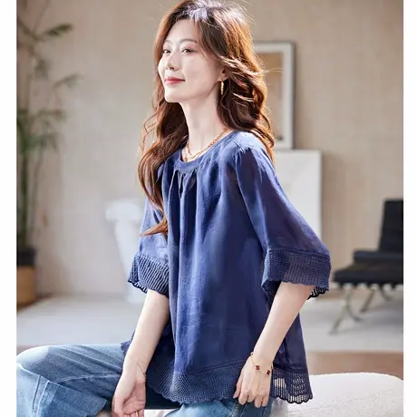 宝诗黎七分袖拼接苎麻衬衫2025夏季简约宽松大码纯色通勤衬衣女商品大图