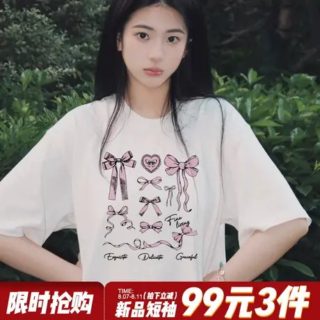 2025夏季新款甜美风宽松白色短袖t恤女小众超火蝴蝶结印花上衣潮商品大图