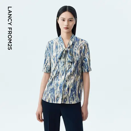 LANCY/朗姿2023秋季新款飘带衬衫女短袖印花显瘦高级感通勤衬衣图片