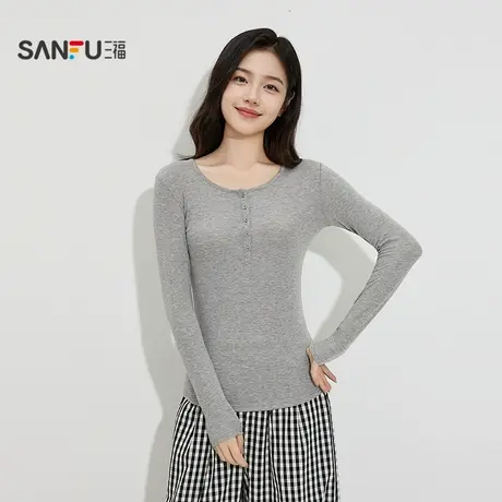 三福女秋季纽扣长袖打底衫单衣 简约柔软修身内搭上衣504699商品大图